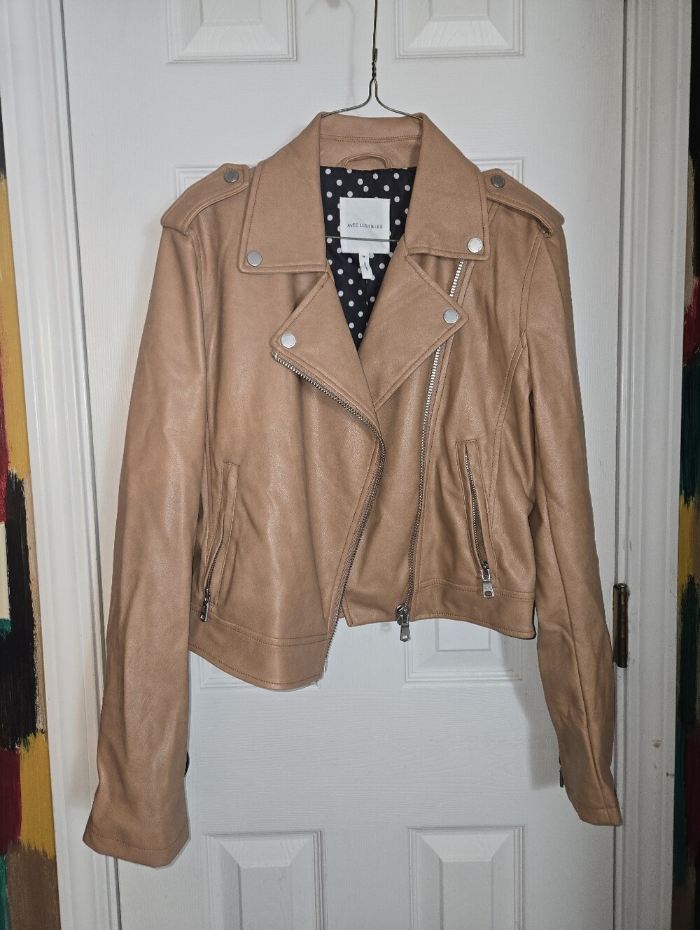 Avec Les Filles Tan Faux Leather Moto Asymmetrical Jacket Size Medium
